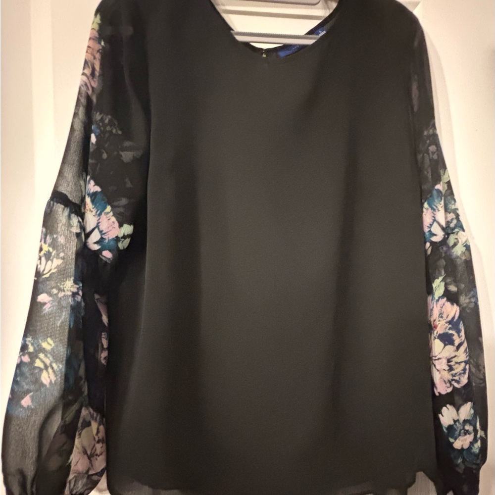 Dressy Lined Black Blouse with Long, Sheer, Floral Sleeves